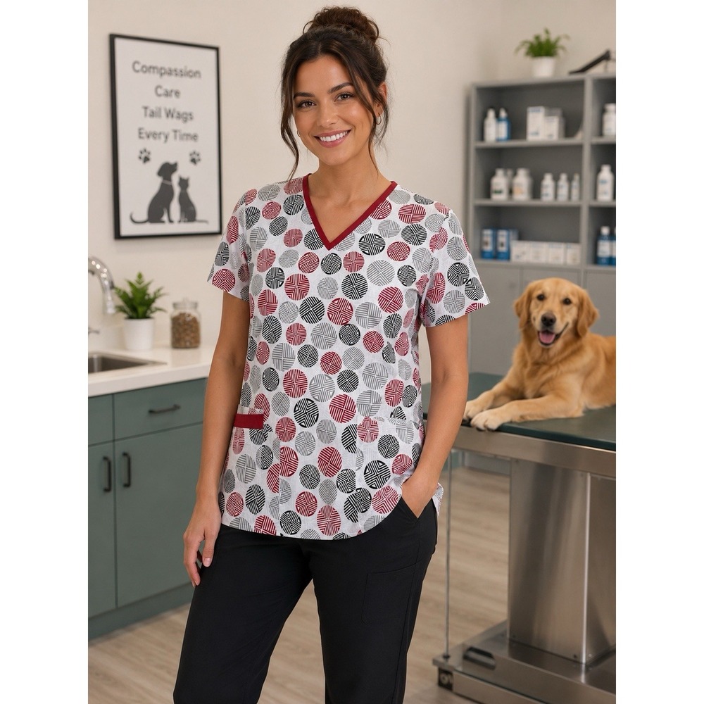 Cassandra O Womens Geometric Circle Print V-Neck Scrub Top Red Black 9200T-13 XS
